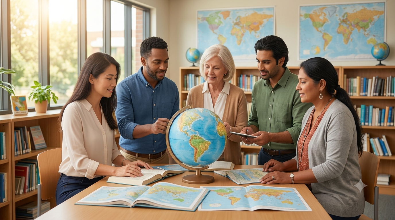 Docentes colaborando con mapas y material educativo